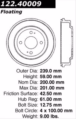CEB-122-40009, Centric Premium Brake Drums for 1986-1989 ACCORD, 1992-2000 CIVIC, 2007-2008 FIT - 122.40009 in UAE, Dubai. Condition - new. Price 100 AED. Photo, seller contacts | AUTO.AE