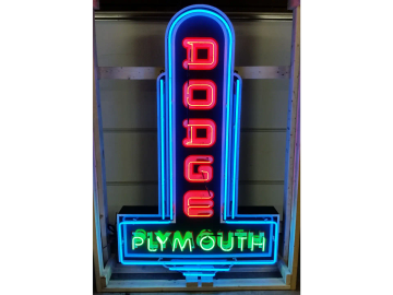 DODGE PLYMOUTH tin neon sign, 48x72in, new neon glass, transformers and can.