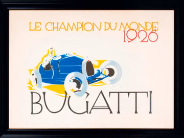 BUGATTI; LE CHAMPION DU MONDE 1926; ORIGINAL POSTER ON BOARD