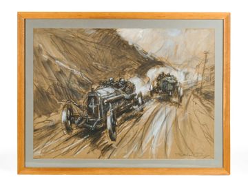 'Peugeot Takes the Lead' Watercolour and Charcoal Painting by Frederick Gordon Crosby, 1913