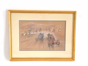 An original artist rendering of the 1906 French Grand Prix winner Renault by F. Tordoff, 26”x19”
