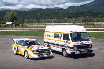 Audi Quattro Sport S1-E2 reconstitution and 1988 Volkswagen LT 2.4 D et sa remorque 2022 Trigano remorques, 1986