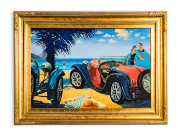 Bugatti Type 55 Beach Scene Framed Painting by Barry Rowe