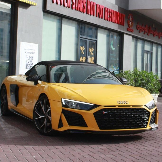 Audi R8 V10 II (4S) Facelift, 2021 sport roadster for rent in Dubai by Sydney Rental Car, yellow color | AUTO.AE