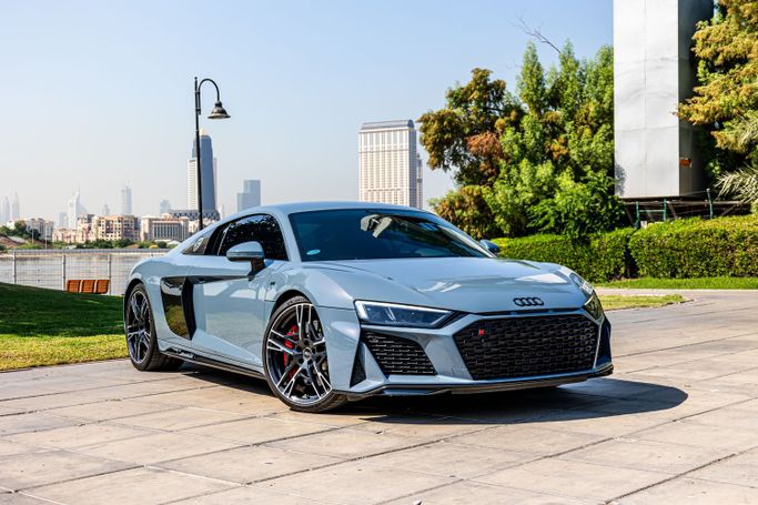 Audi R8 V10 II (4S) Facelift, 2023 sport coupe for rent in Dubai by POF RENTAL, grey color | AUTO.AE