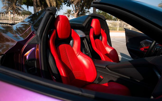 Chevrolet Corvette C8, 2023 sport cabriolet for rent in Dubai by Macan Luxury Motors, purple color | AUTO.AE