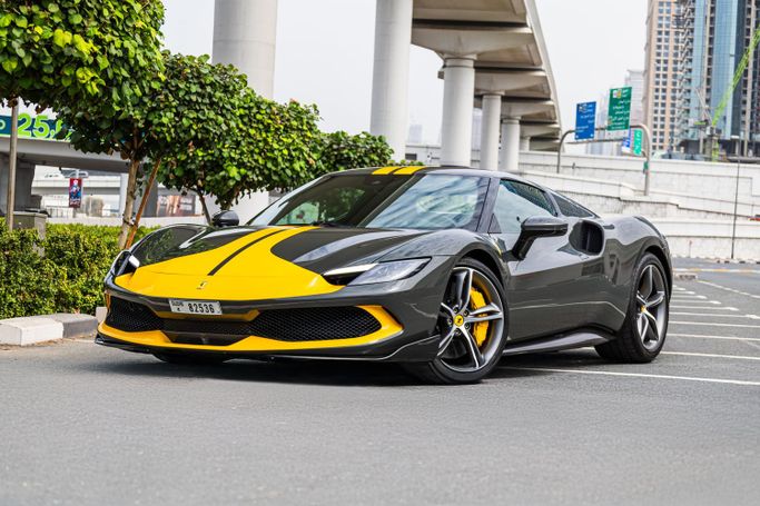 Ferrari 296 GTB, 2023 sport coupe for rent in Dubai by POF RENTAL, grey color | AUTO.AE