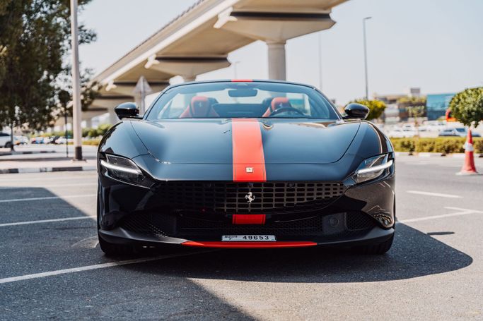 Ferrari Roma, 2024 sport cabriolet spider for rent in Dubai by POF RENTAL, black color | AUTO.AE