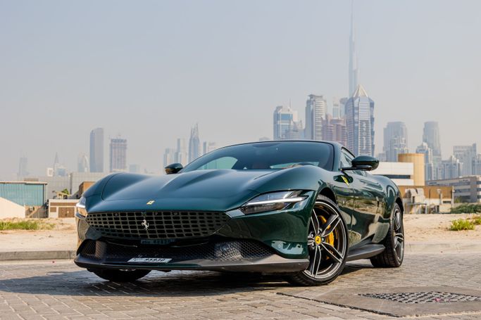 Ferrari Roma, 2023 sport coupe for rent in Dubai by POF RENTAL, green color | AUTO.AE