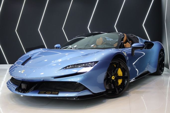 Used Ferrari SF90 Stradale Spider I, 4.0 l, 2022 in Dubai by Sanam Cars, Light Blue color. GCC Specs | AUTO.AE