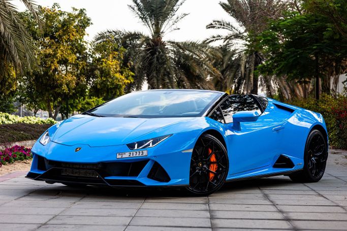 Lamborghini Huracán I, 2024 sport roadster for rent in Dubai by POF RENTAL, light blue color | AUTO.AE