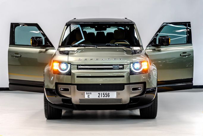 Land Rover Defender 110 II, 2025 standard suv 5 dr. 110 for rent in Dubai by POF RENTAL, green color | AUTO.AE