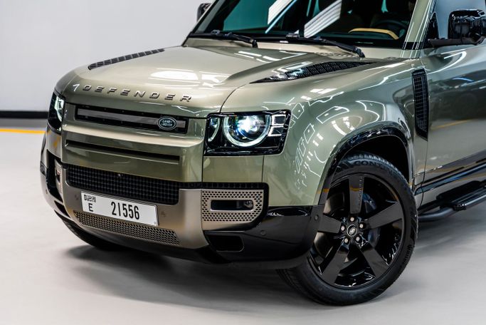 Land Rover Defender 110 II, 2025 standard suv 5 dr. 110 for rent in Dubai by POF RENTAL, green color | AUTO.AE