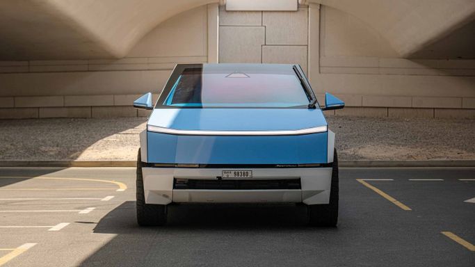 Tesla Cybertruck Cyberbeast, 2025 business pickup double cab for rent in Dubai by Car Lux 365 Car Rental, light blue color | AUTO.AE