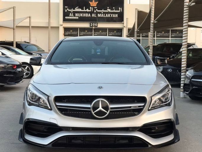 Used Mercedes-Benz CLA AMG 45 AMG I (C117, X117) Facelift, 2.0 l, 2018 in Sharjah by Al Nukhba Al Malakyah Used Cars, Silver color. American Specs | AUTO.AE