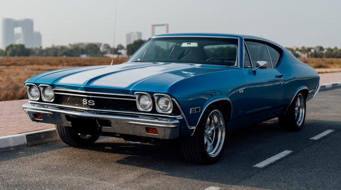 Chevrolet Chevelle II, 1968 sport coupe-hardtop for rent in Dubai by DEIZ, blue color | AUTO.AE